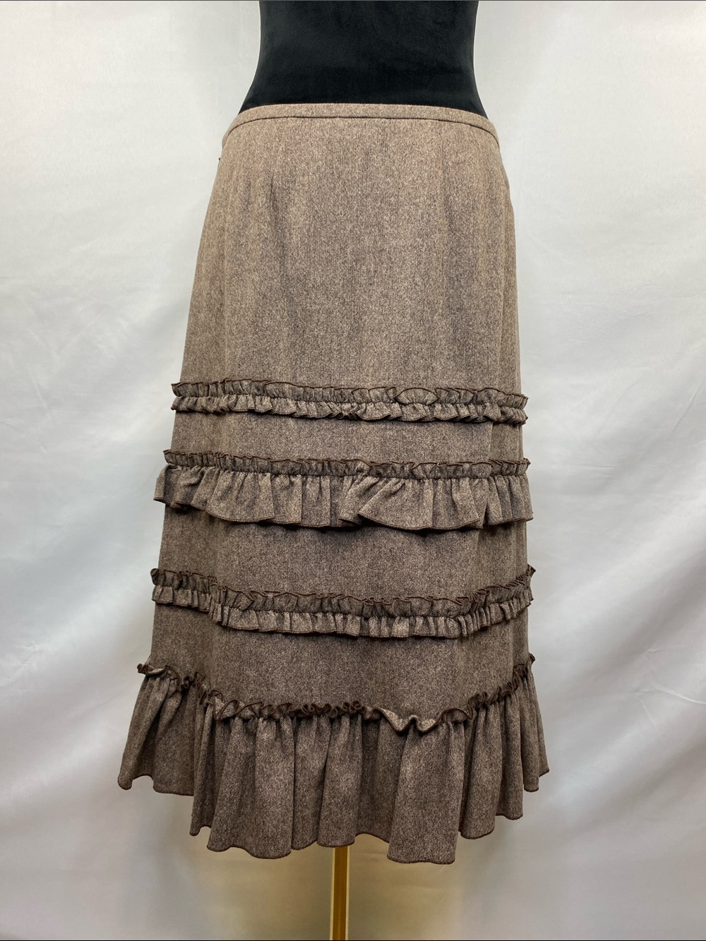 Vintage Y2K Ann Taylor LOFT Brown Wool Blend Ruffle Midi Skirt Size 8 - Picture 2 of 4